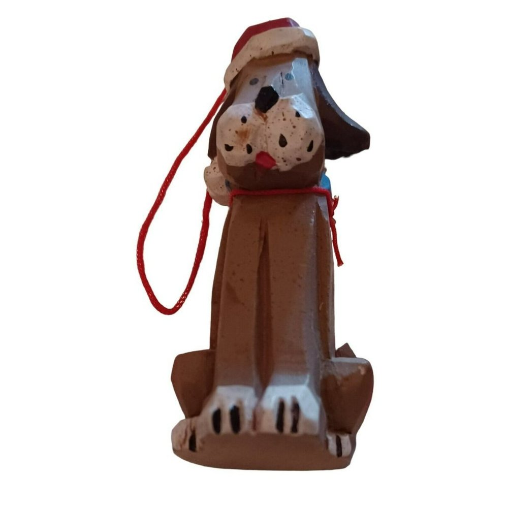 Vtg Folk Art Christmas Ornament Dog Wearing Santa's Hat Keepsake Collectable Kid